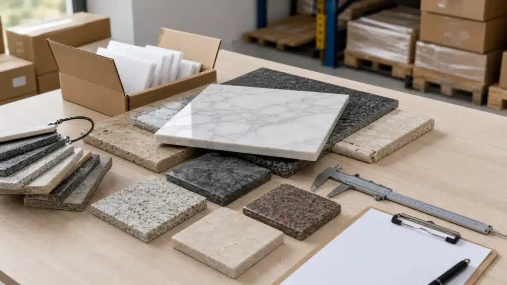 Sourcing decorative natural stone from Egypt: buyer selection and inspection guide | منتجات مصرية عالية الجودة Real buyer review scene for decorative natural stone samples