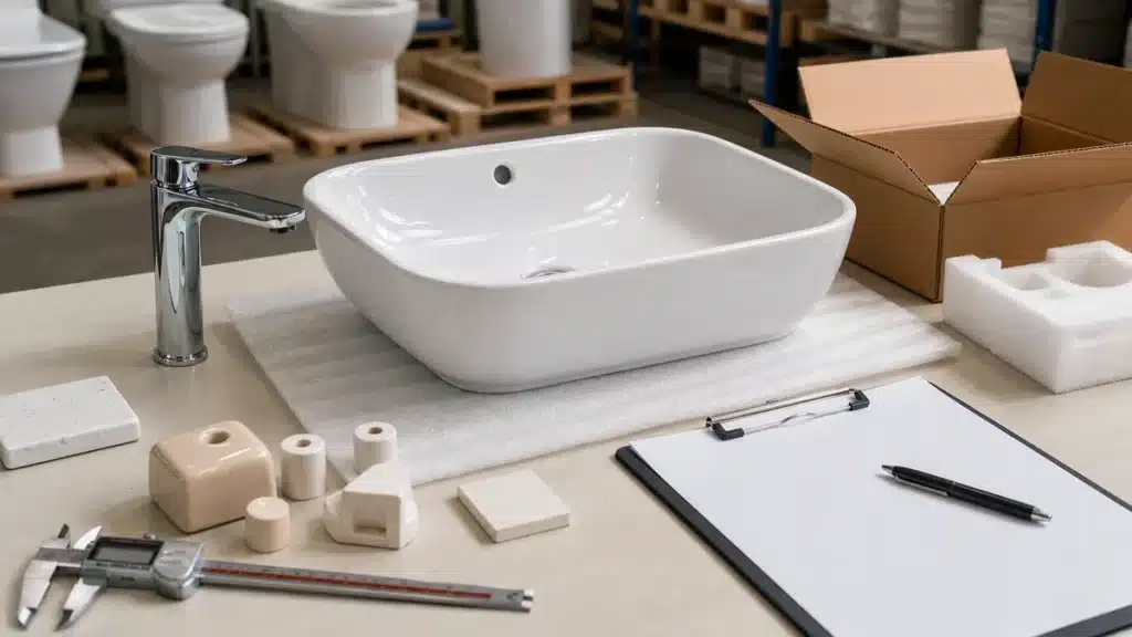 Egyptian sanitary ware for export: how buyers assess quality and packing | منتجات مصرية عالية الجودة Real buyer review scene for sanitary ware samples