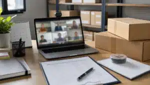 Realistic buyer review scene for remote supplier video audit before importing