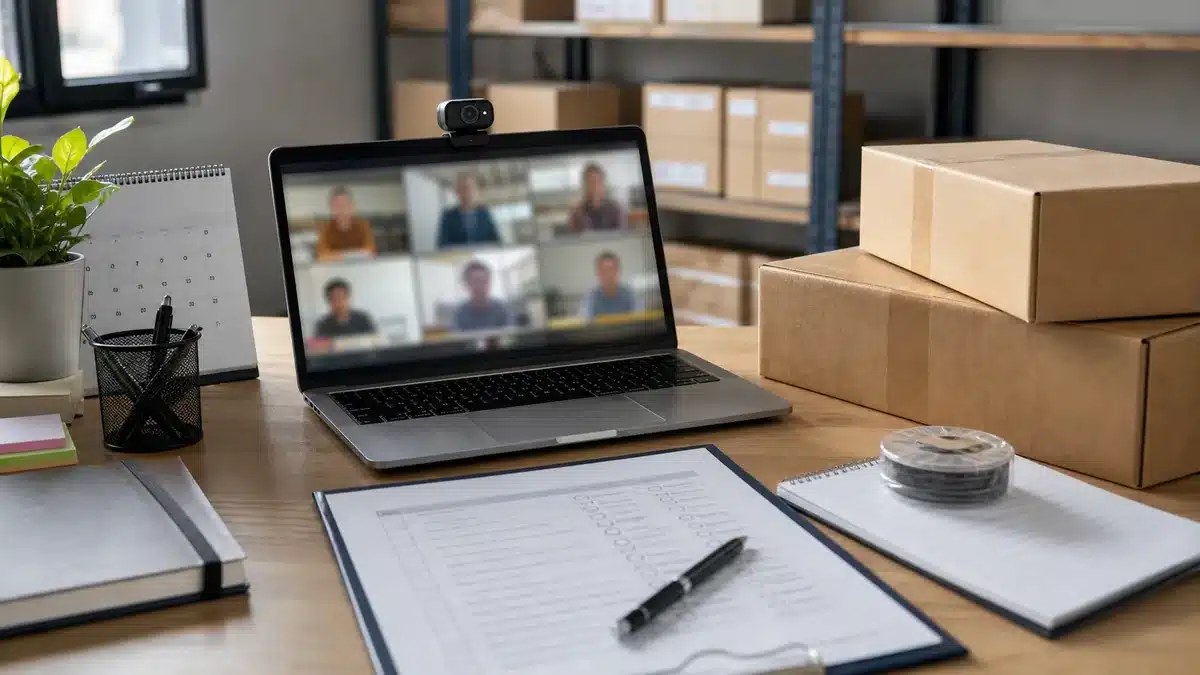 Plan a remote supplier video audit | منتجات مصرية عالية الجودة Realistic buyer review scene for remote supplier video audit before importing