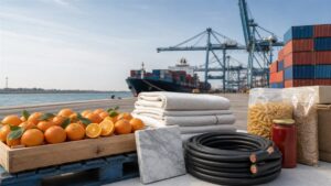 home | منتجات مصرية عالية الجودة Egyptian export products including citrus, textiles, marble, cable, and packaged food at a cargo port