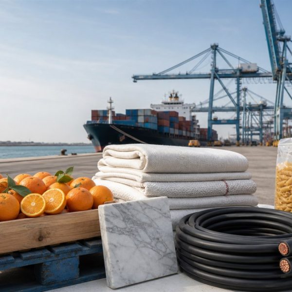 Egyptian export products including citrus, textiles, marble, cable, and packaged food at a cargo port