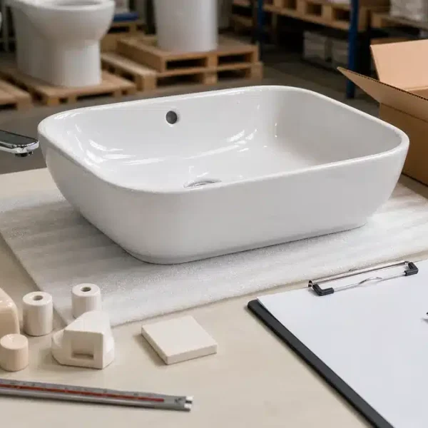 Real buyer review scene for sanitary ware samples