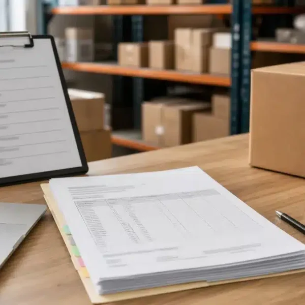 Realistic buyer review scene for purchase order handover checklist before importing